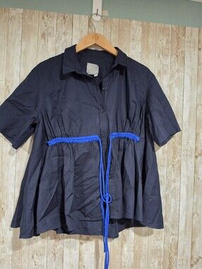 abigail glaum-lathbury Navy Blue Collared Button Drawstring Blouse Size S